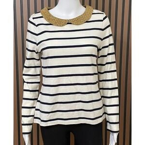 Boden Women's 8 White Sweater Cotton  Knit Classic Striped Peter Pan Collared